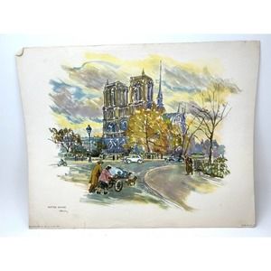 Vintage‎ Donald Art Company Notre Dame Watercolor Print 28x22 Paris France